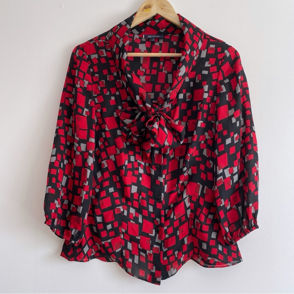 Anne Klein Geometric Silk Bow Blouse